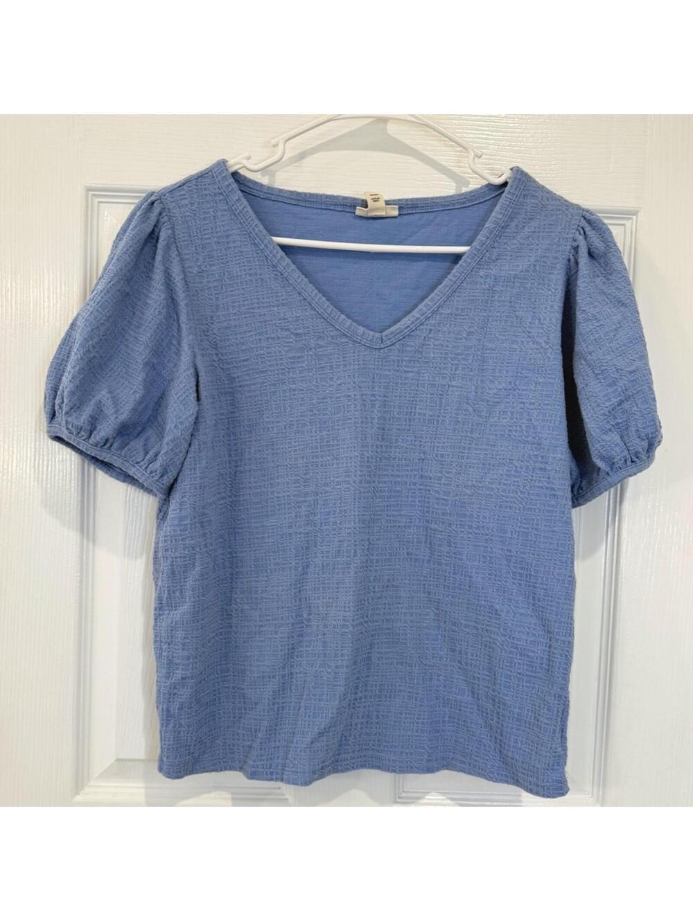 :) ANA a new approach Womens Top Medium Blue Puff Sleeve V Neck Textured [COPY]